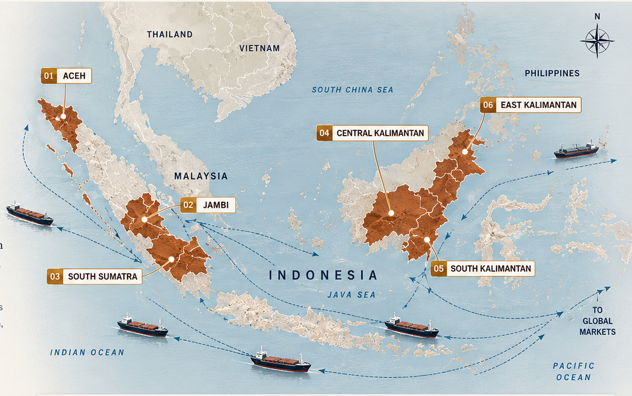 Regional map showing PNC sourcing regions across Indonesia with illustrative maritime connectivity